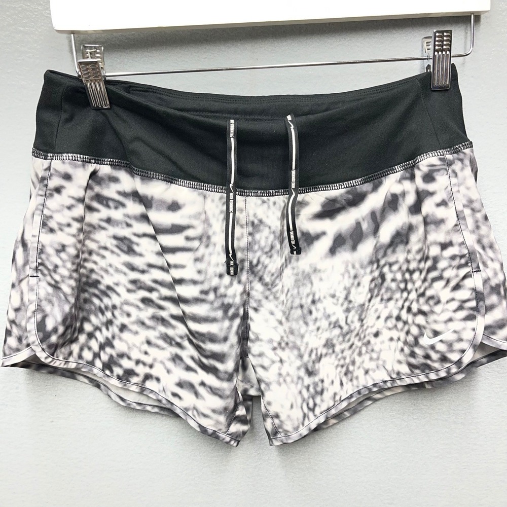 Nike Womens Dri-FIT Running Shorts Gray Black Animal Print Small Zipper Pocket